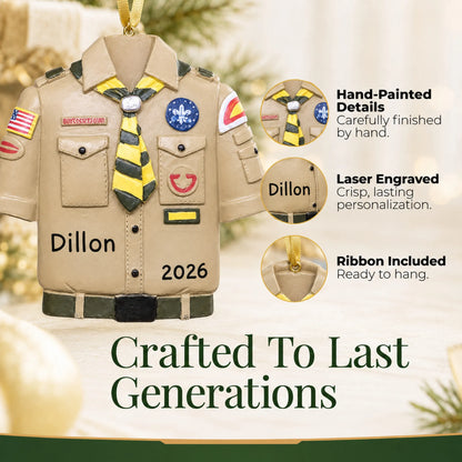 Hand-painted details and laser engraved personalization on the Boy Scouts uniform christmas ornament, ribbon included