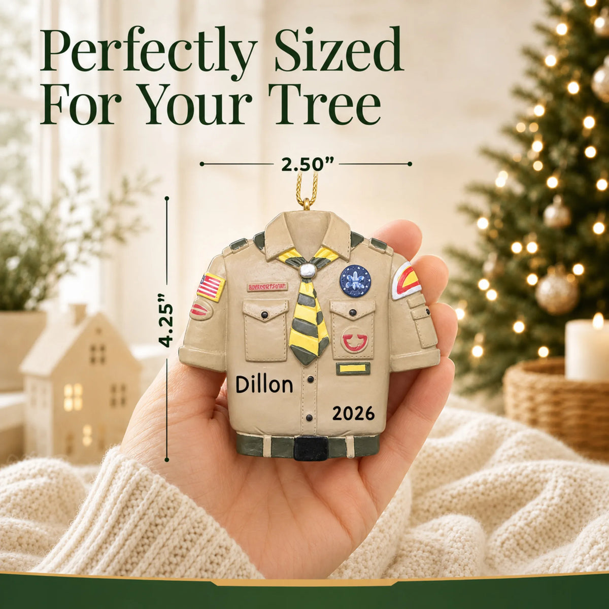 Size guide: the personalized Boy Scouts uniform christmas ornament shown in hand next to a Christmas tree