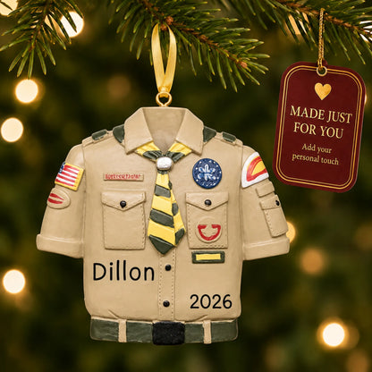 Boy Scouts uniform christmas ornament hanging on a lit Christmas tree with a Made Just For You gift tag