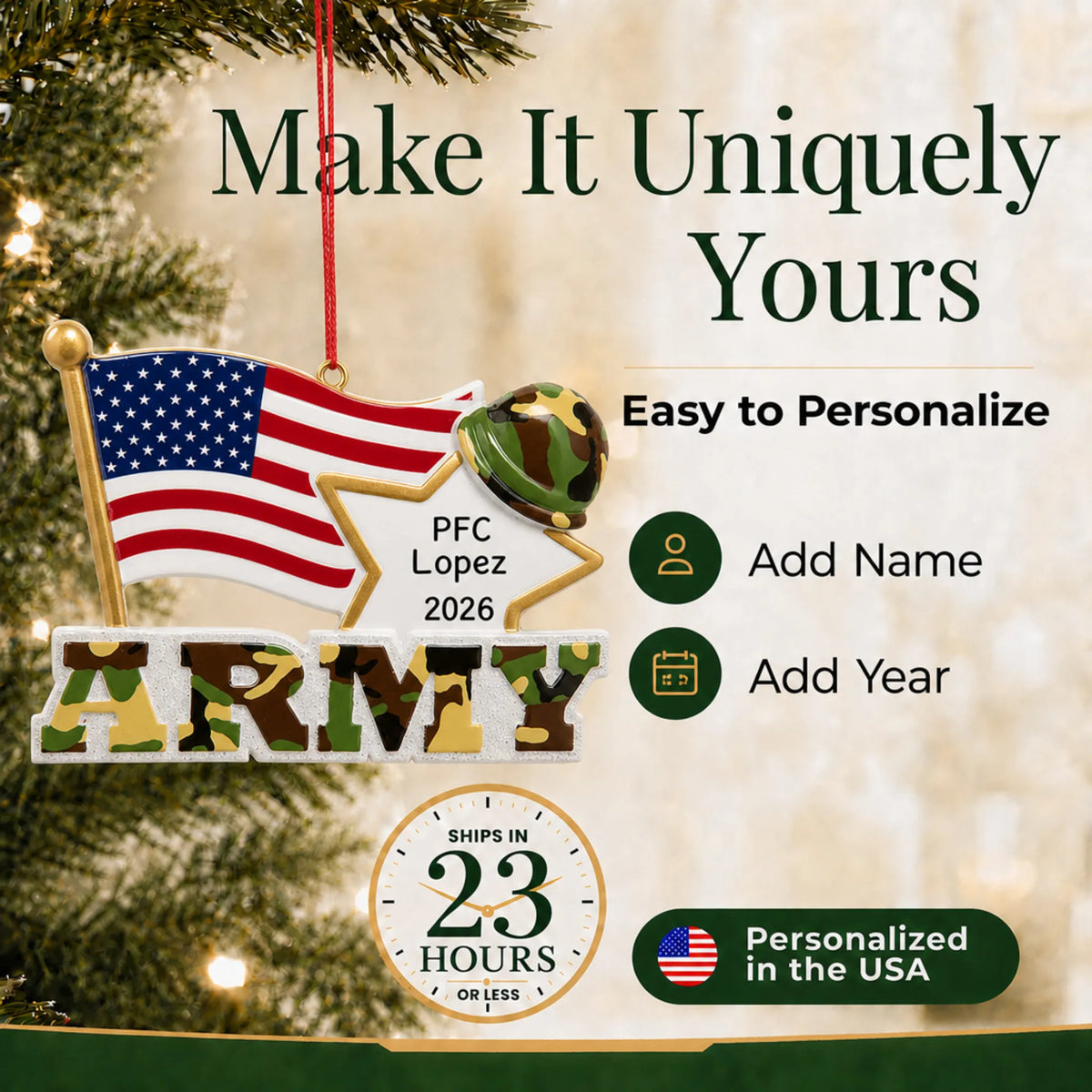 Personalize the Army American flag Christmas ornament with your details, ships in 23 hours, personalized in the USA