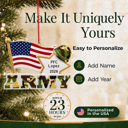 Personalize the Army American flag Christmas ornament with your details, ships in 23 hours, personalized in the USA