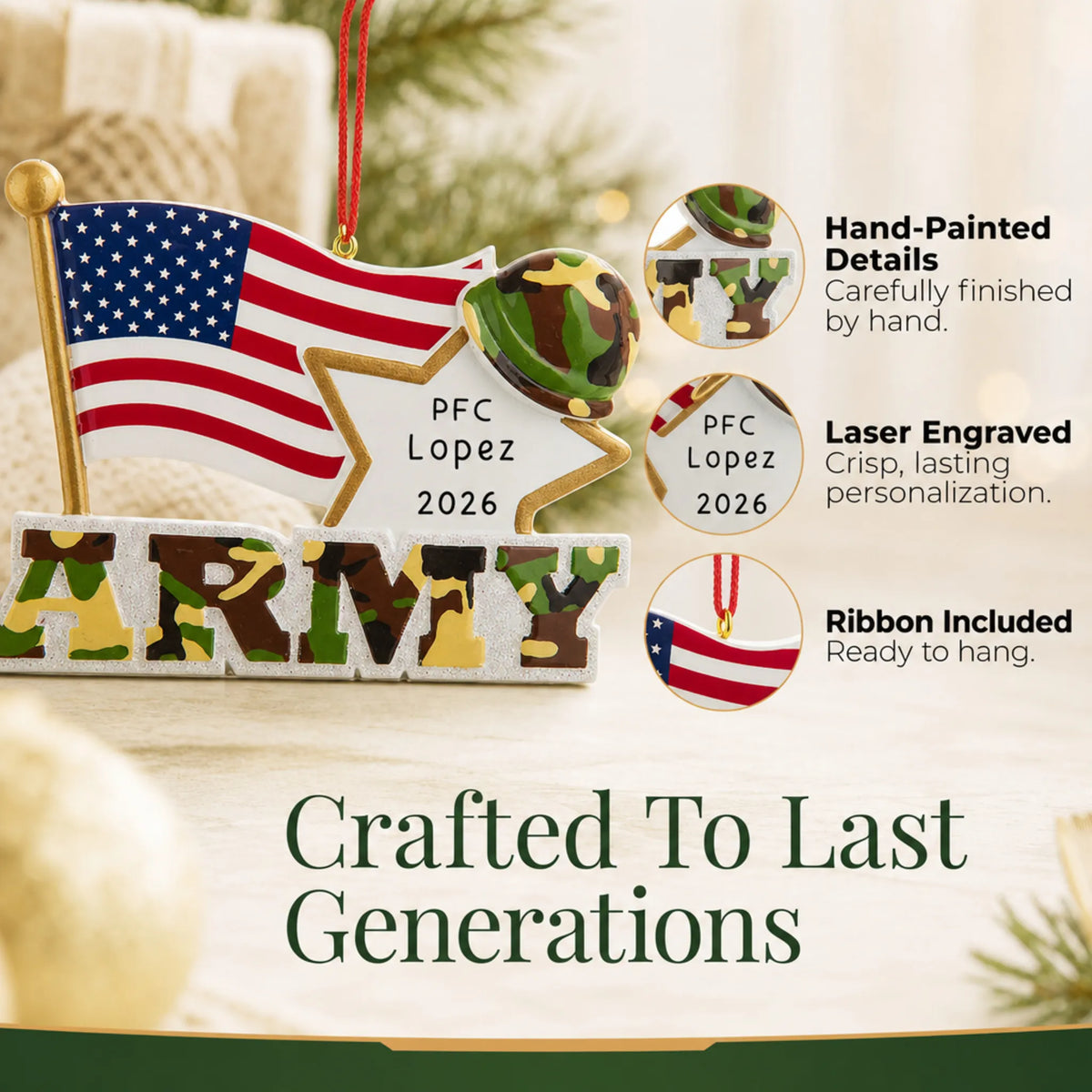 Close-up of the Army American flag Christmas ornament: hand-painted finish, laser engraving, ribbon included