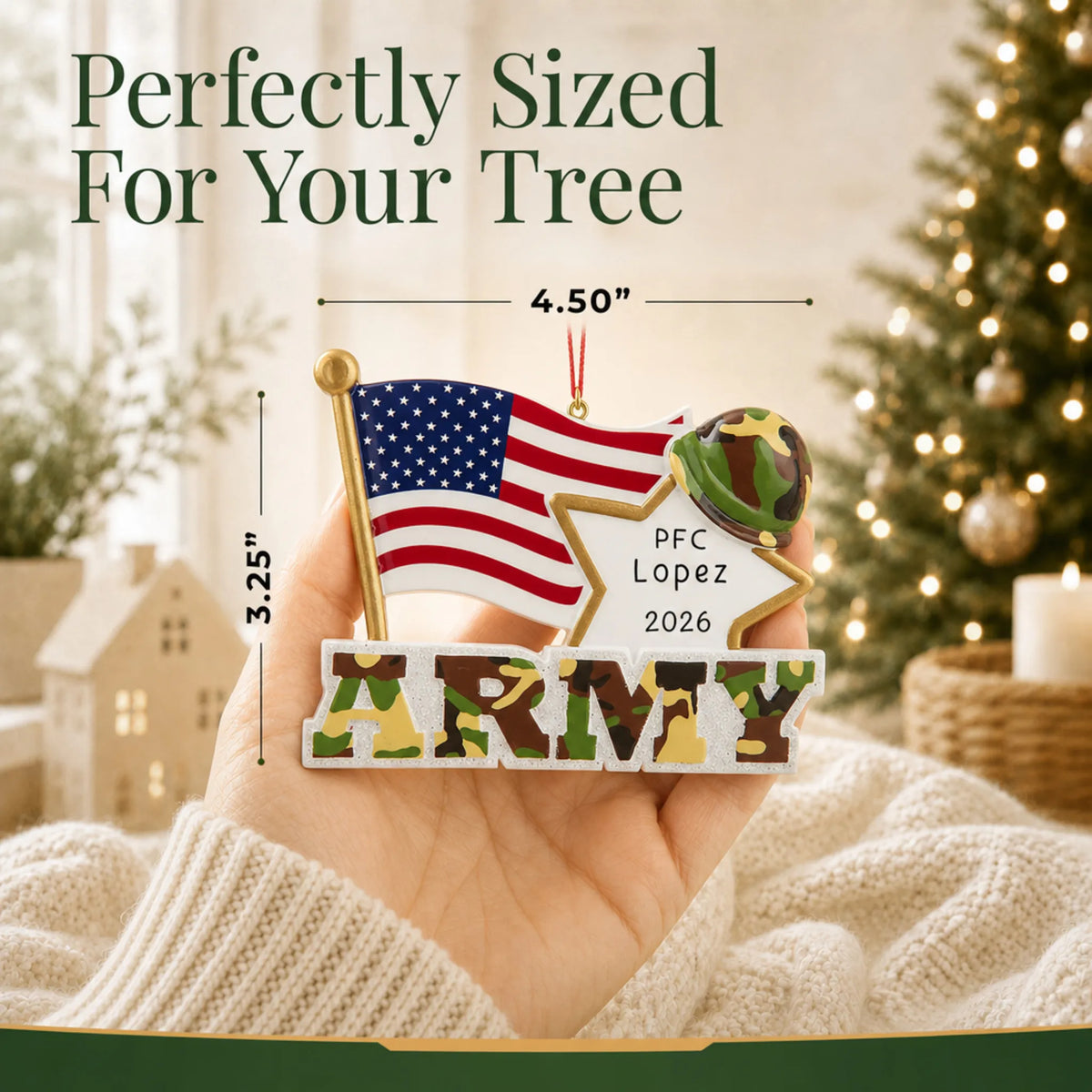 Personalized Army American flag Christmas ornament held in hand to show its size on the tree