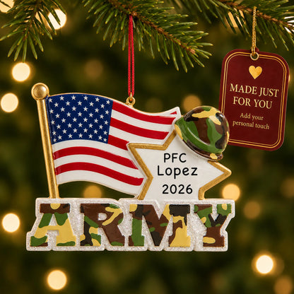 Personalized Army American flag Christmas ornament hanging among tree lights with a Made Just For You tag