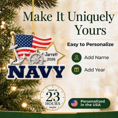 Personalize the U.S. Navy flag and star Christmas ornament with your details, ships in 23 hours, personalized in the USA