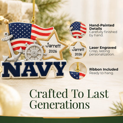 Close-up of the U.S. Navy flag and star Christmas ornament: hand-painted finish, laser engraving, ribbon included
