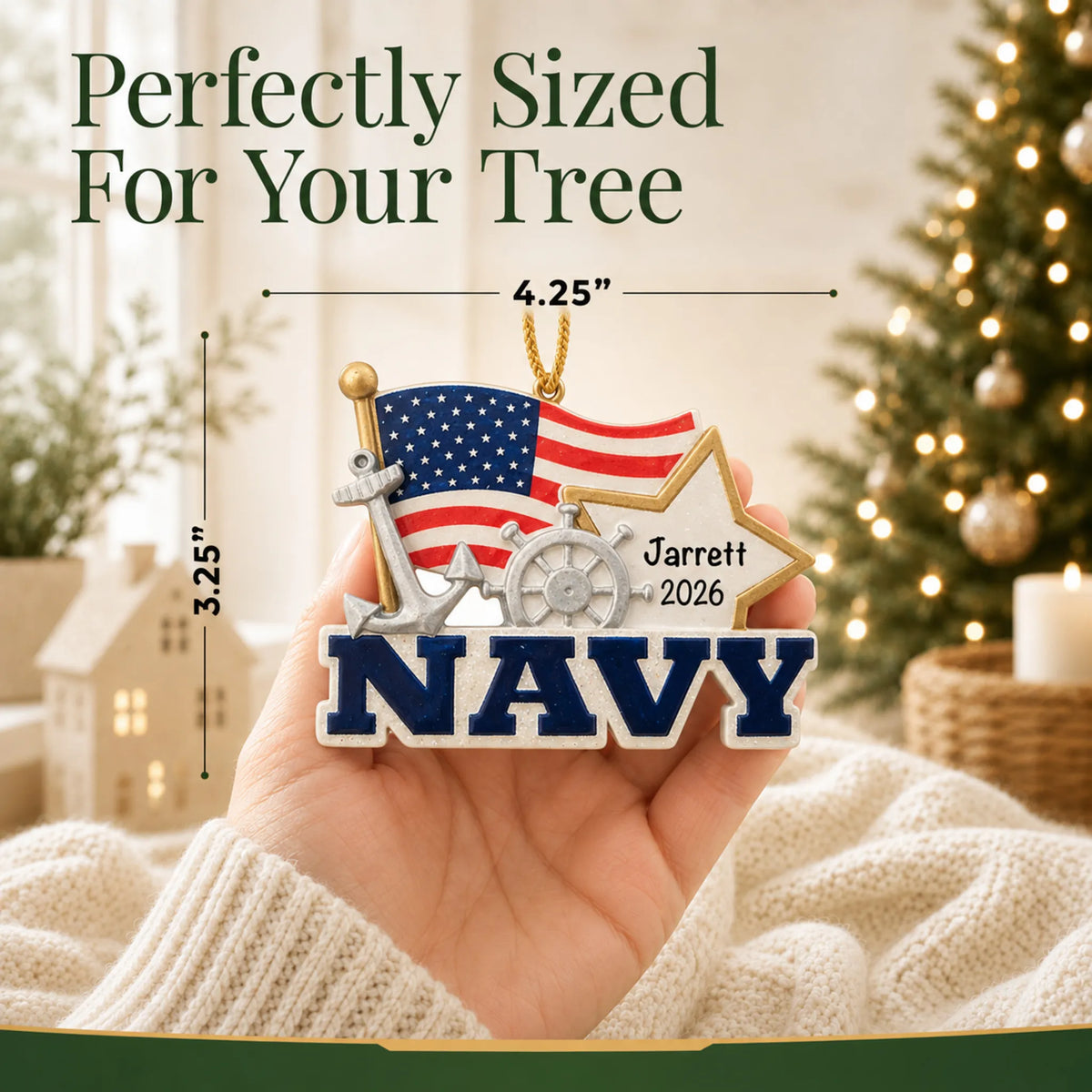 Personalized U.S. Navy flag and star Christmas ornament held in hand to show its size on the tree