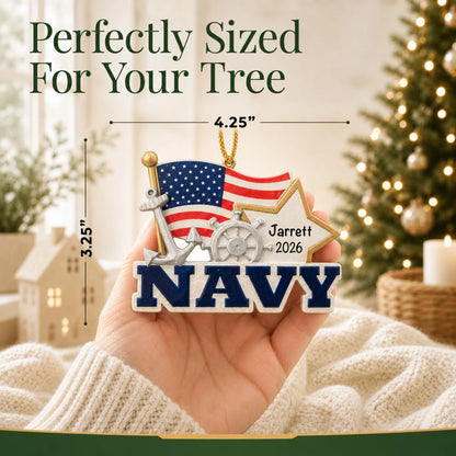 Personalized U.S. Navy flag and star Christmas ornament held in hand to show its size on the tree