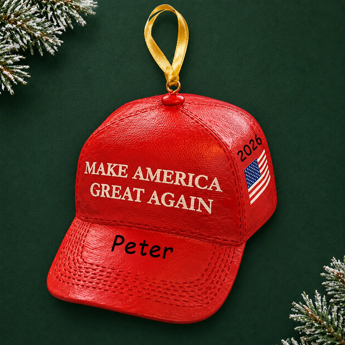 Personalized MAGA hat Christmas ornament with name and year, shown on a green holiday background