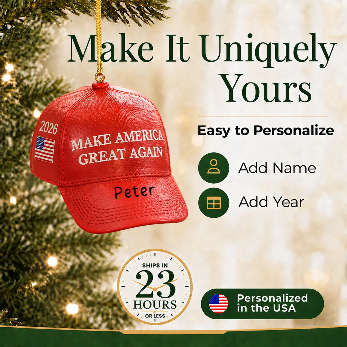 Personalize the MAGA hat Christmas ornament with your details, ships in 23 hours, personalized in the USA
