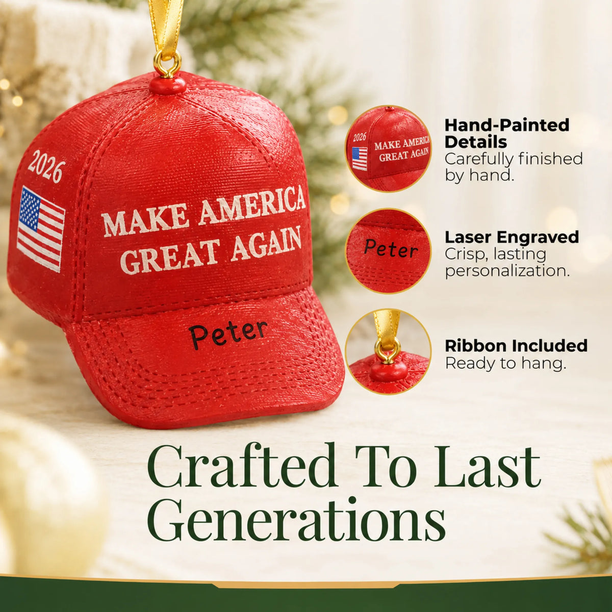 Close-up of the MAGA hat Christmas ornament: hand-painted finish, laser engraving, ribbon included