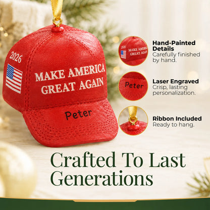 Close-up of the MAGA hat Christmas ornament: hand-painted finish, laser engraving, ribbon included