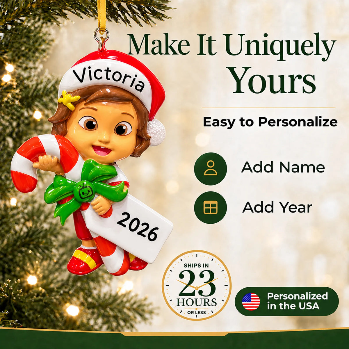 Make it yours: personalize the CoComelon Nina christmas ornament