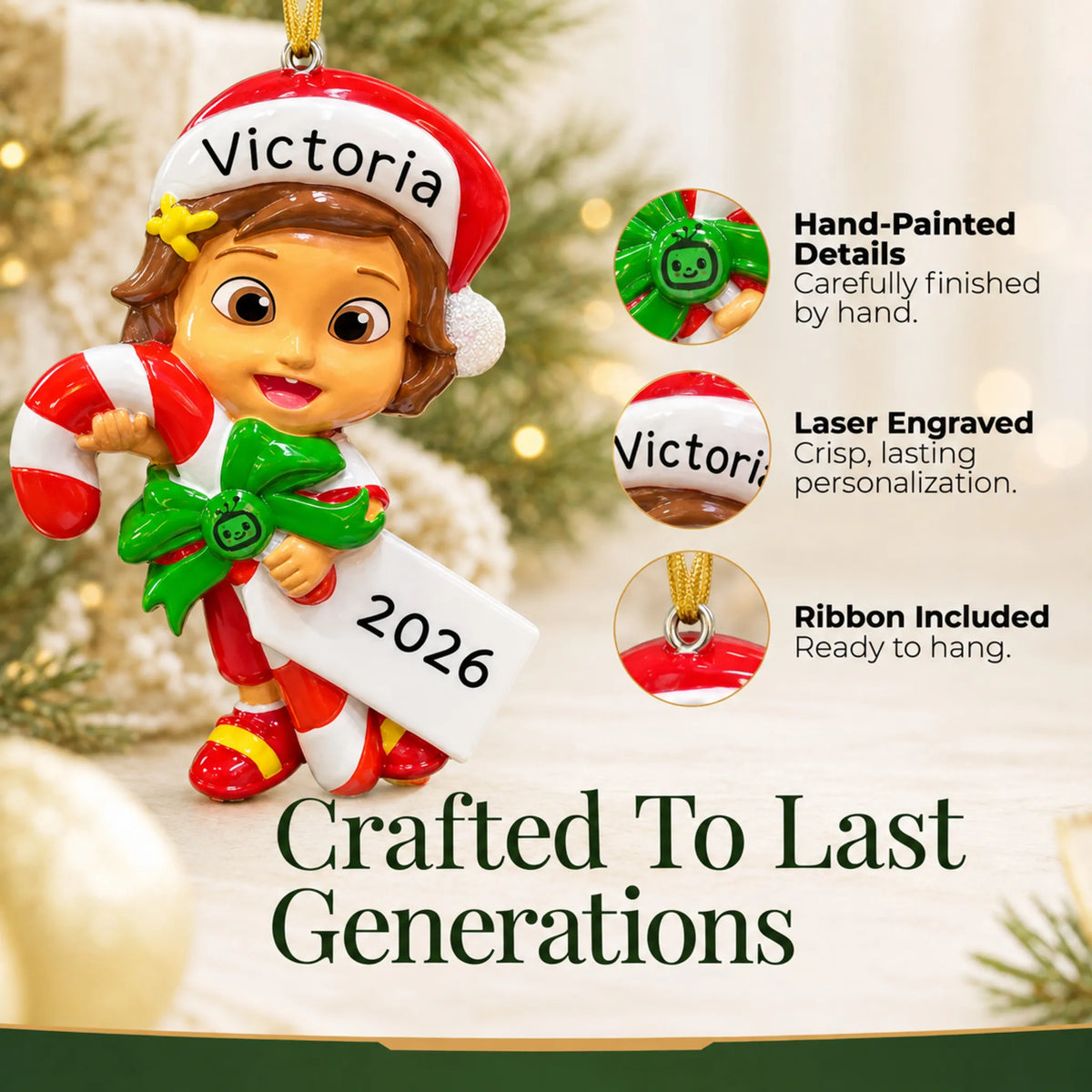 Hand-painted details and laser engraved personalization on the CoComelon Nina christmas ornament, ribbon included