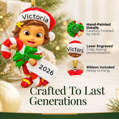 Hand-painted details and laser engraved personalization on the CoComelon Nina christmas ornament, ribbon included