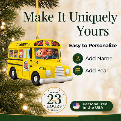 Make it yours: personalize the CoComelon School Bus christmas ornament