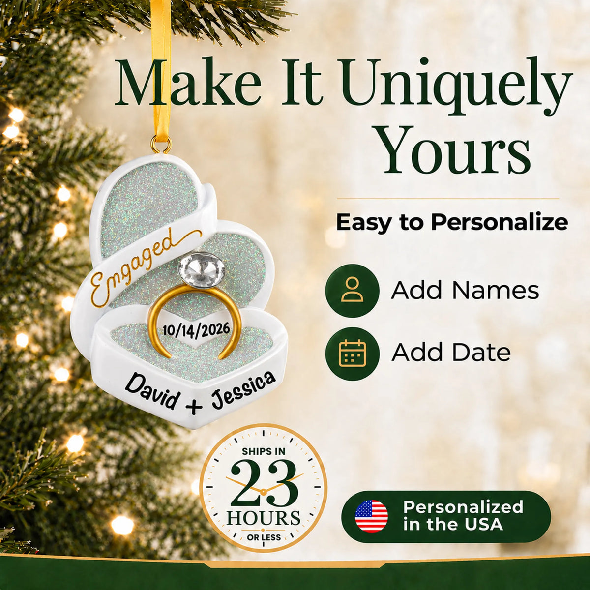 How to personalize the engagement ring box Christmas ornament: add names and date, ships in 23 hours