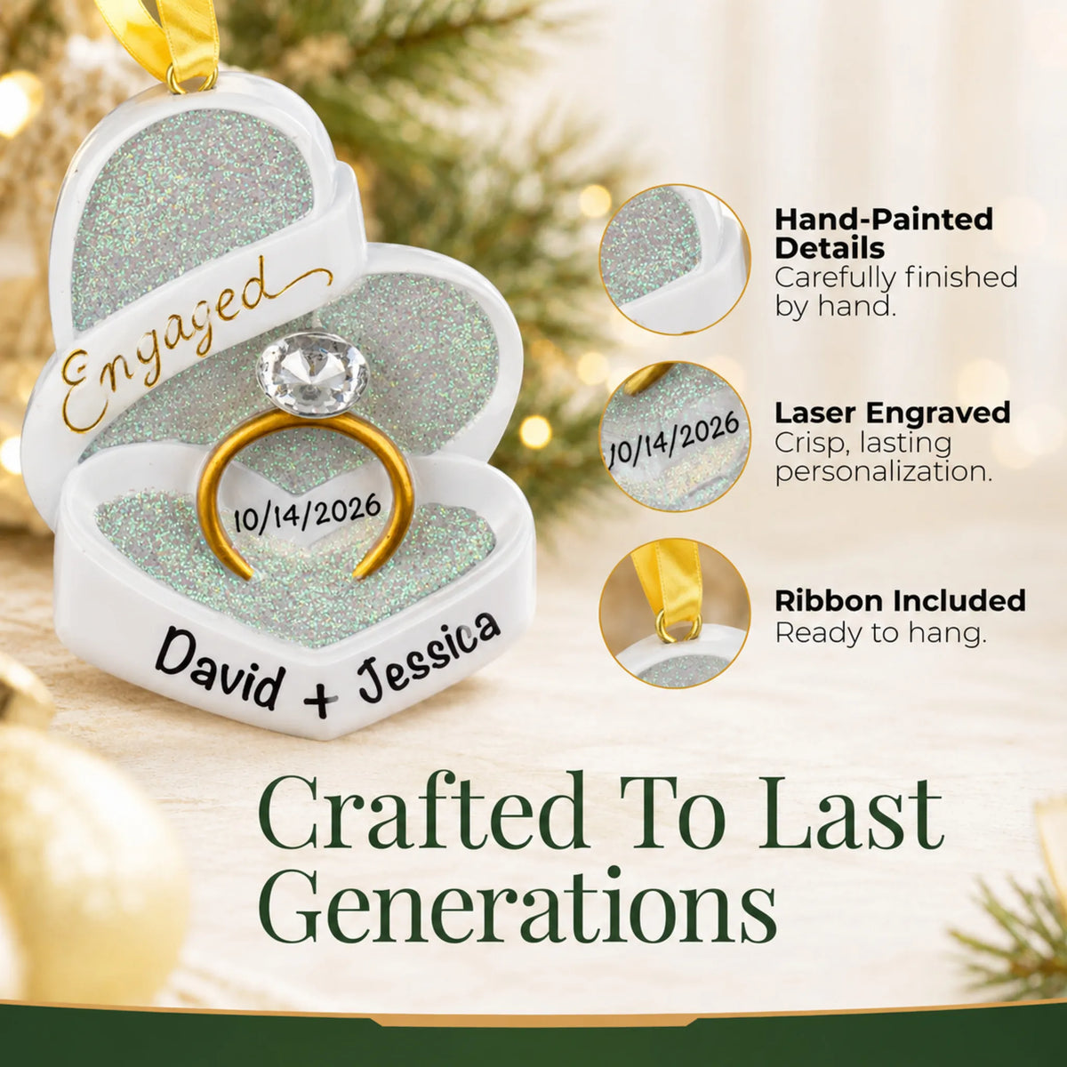 Close-up of the personalized engagement ring box Christmas ornament: hand-painted detail, laser engraving