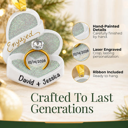 Close-up of the personalized engagement ring box Christmas ornament: hand-painted detail, laser engraving