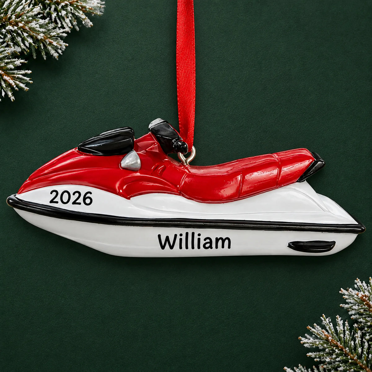 Personalized 3D jet ski christmas ornament on a dark green pine background