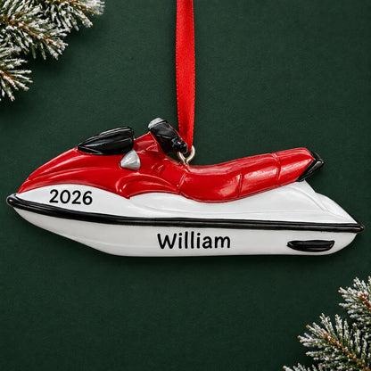 Personalized 3D jet ski christmas ornament on a dark green pine background