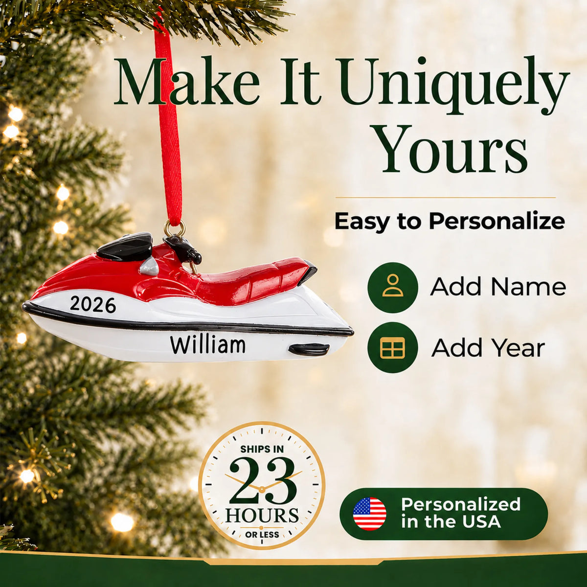 Make it yours: add name and year to the personalized 3D jet ski christmas ornament