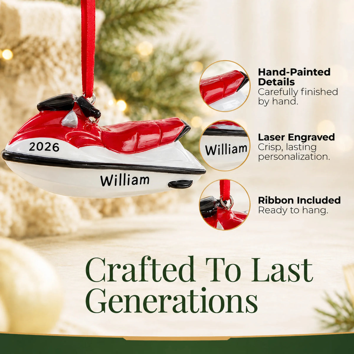 Hand-painted details and laser engraved personalization on the 3D jet ski christmas ornament, ribbon included