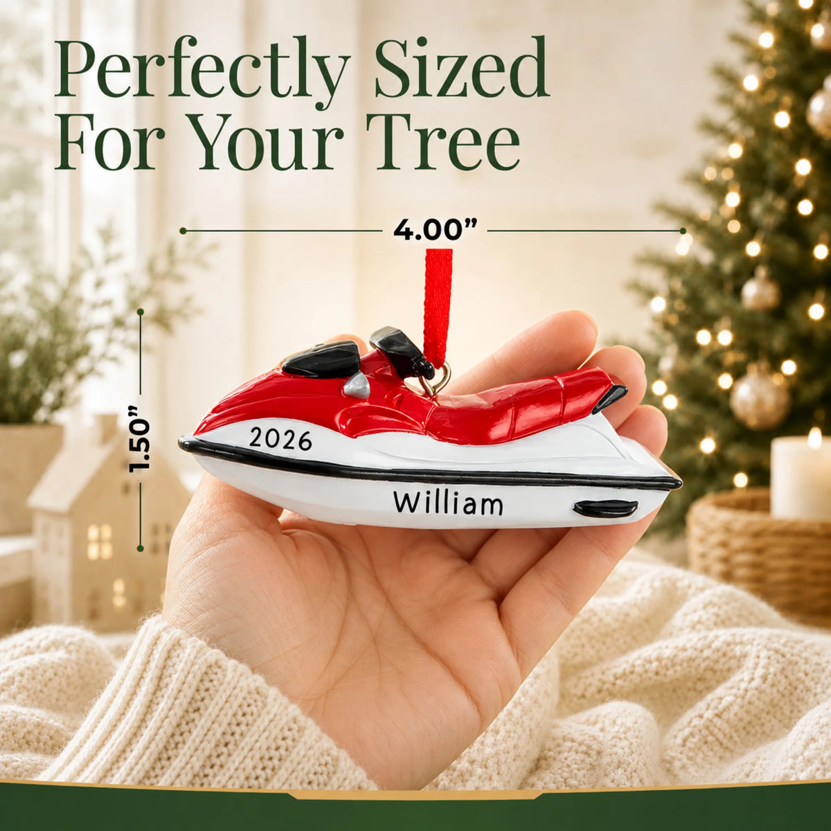 Size guide: the personalized 3D jet ski christmas ornament is 4.00 in wide by 1.50 in tall, shown in hand