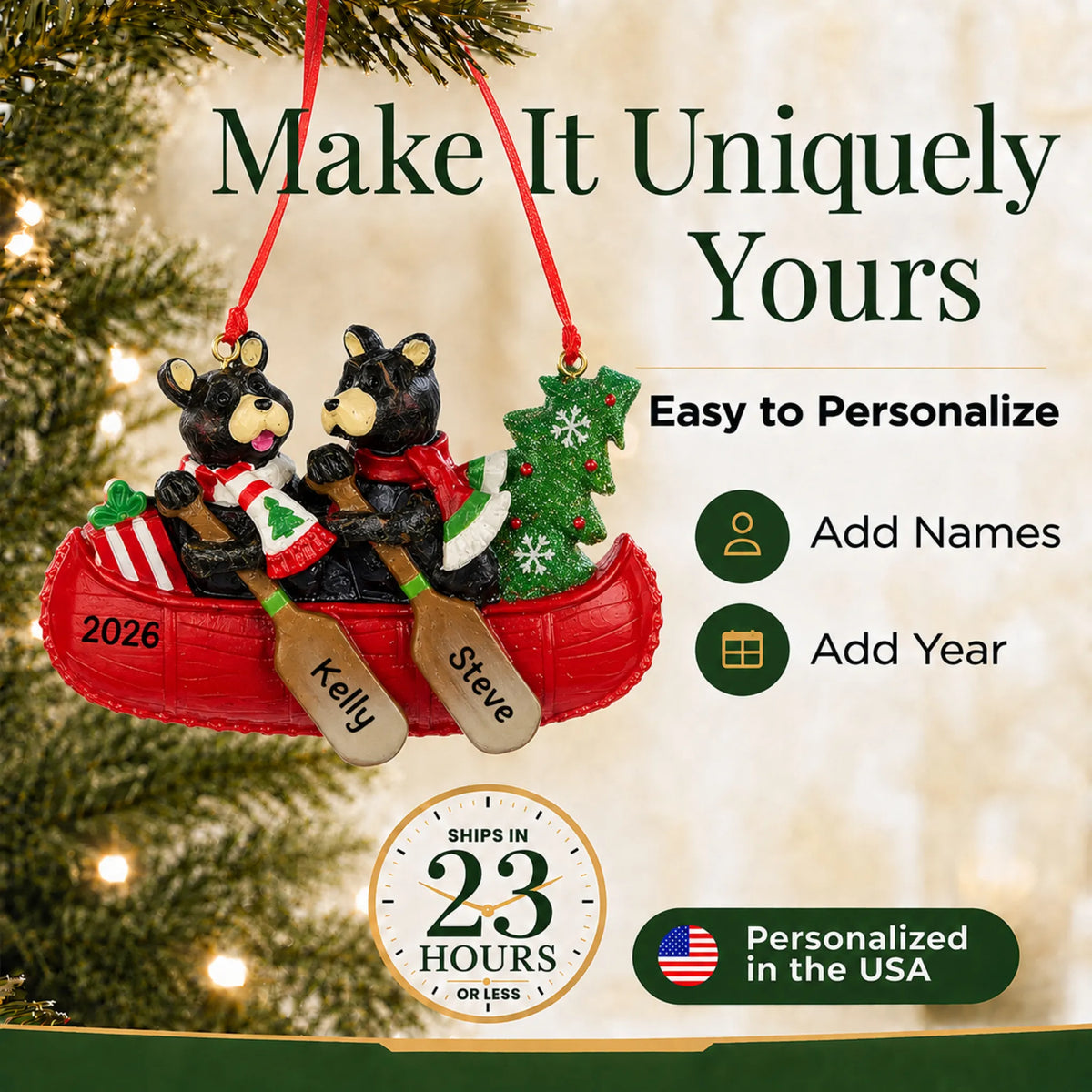 Make it yours: add names to the personalized bear canoe couple christmas ornament