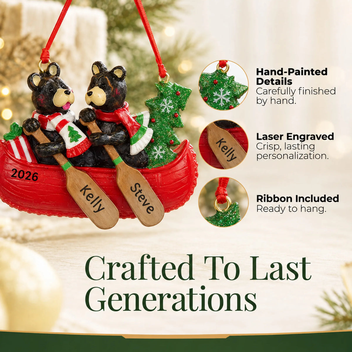 Hand-painted details and laser engraved personalization on the bear canoe couple christmas ornament, ribbon included