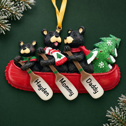 Personalized bear canoe family of 3 christmas ornament on a dark green pine background
