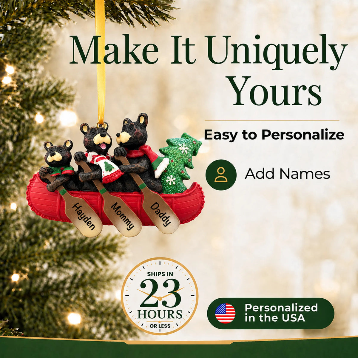 Make it yours: add names and year to the personalized bear canoe family of 3 christmas ornament