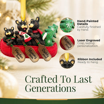 Hand-painted details and laser engraved personalization on the bear canoe family of 3 christmas ornament, ribbon included