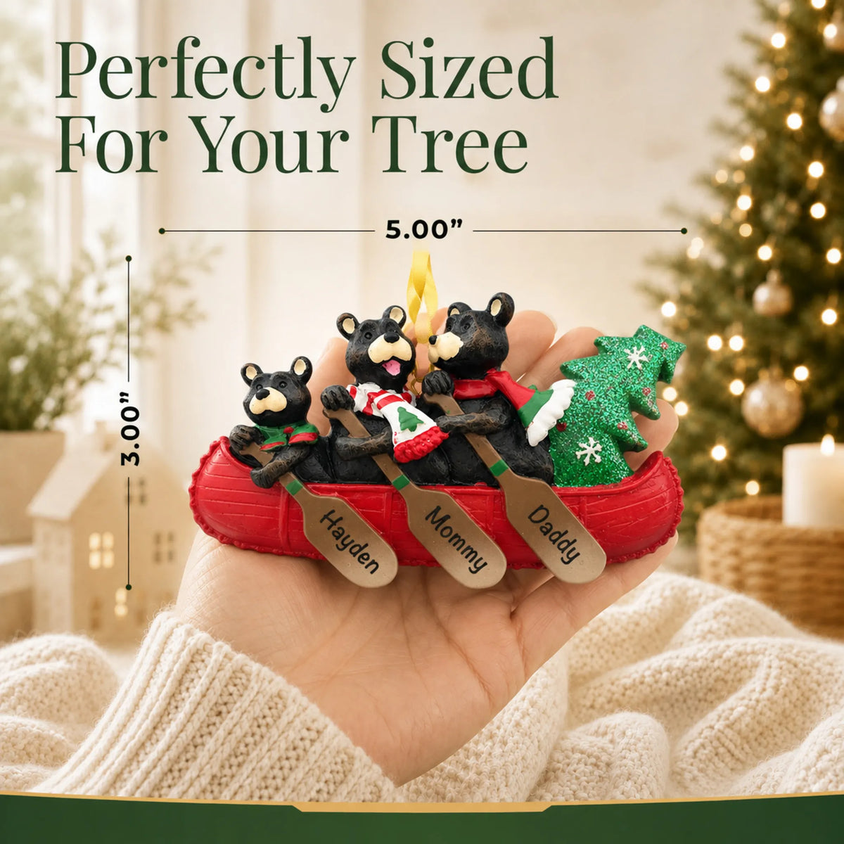 Size guide: the personalized bear canoe family of 3 christmas ornament is 5.00 in wide by 3.00 in tall, shown in hand
