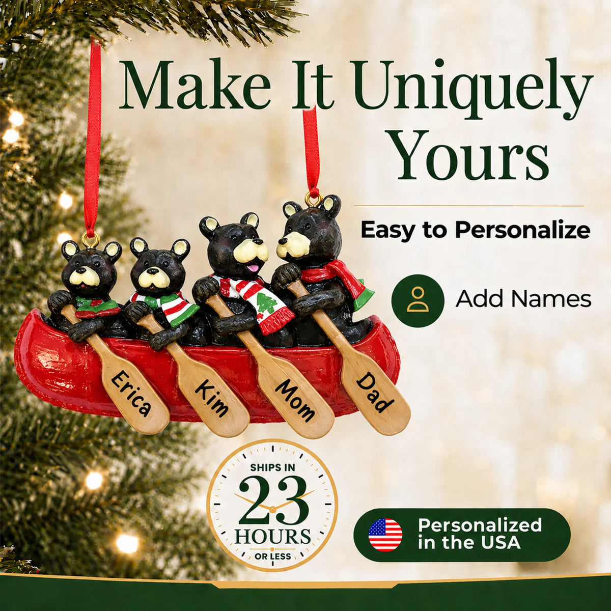 Make it yours: add names and year to the personalized bear canoe family of 4 christmas ornament
