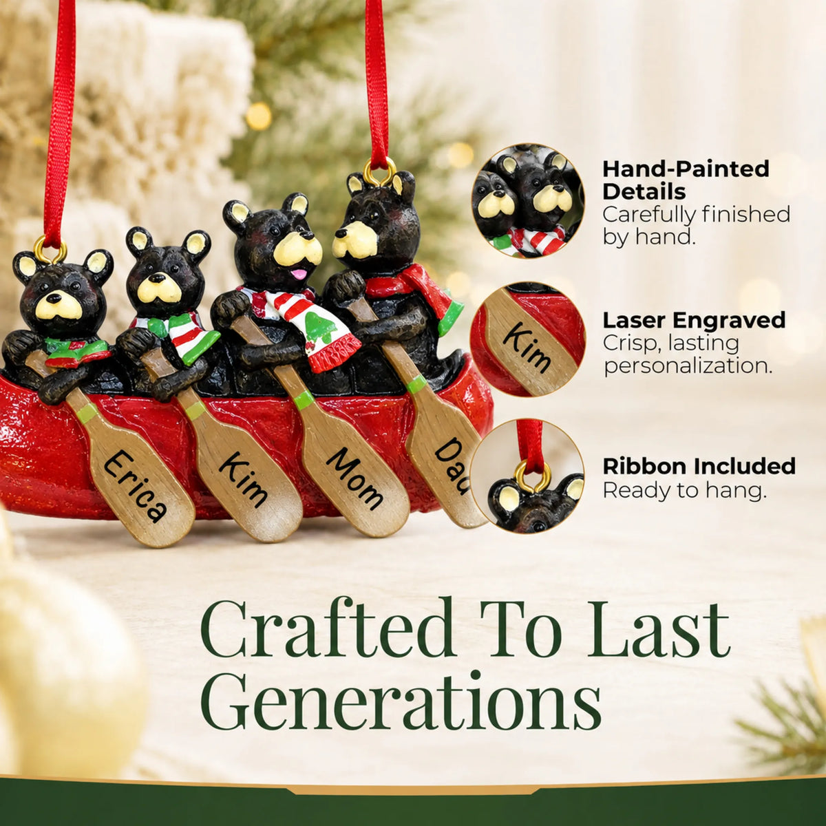 Hand-painted details and laser engraved personalization on the bear canoe family of 4 christmas ornament, ribbon included