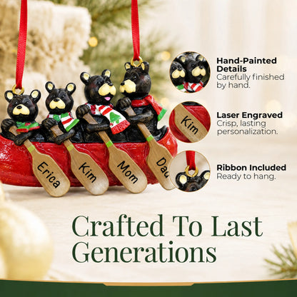 Hand-painted details and laser engraved personalization on the bear canoe family of 4 christmas ornament, ribbon included