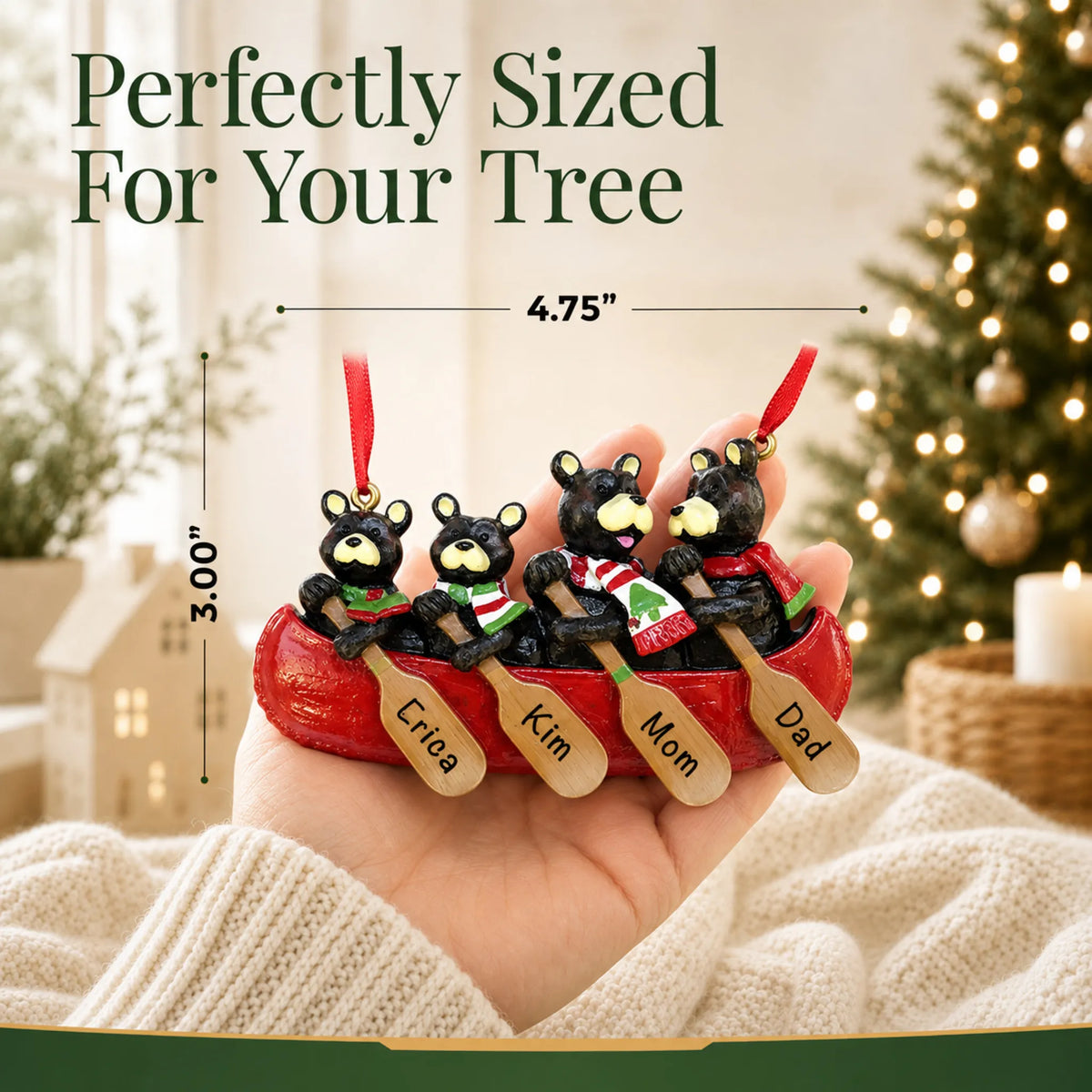 Size guide: the personalized bear canoe family of 4 christmas ornament is 4.75 in wide by 3.00 in tall, shown in hand