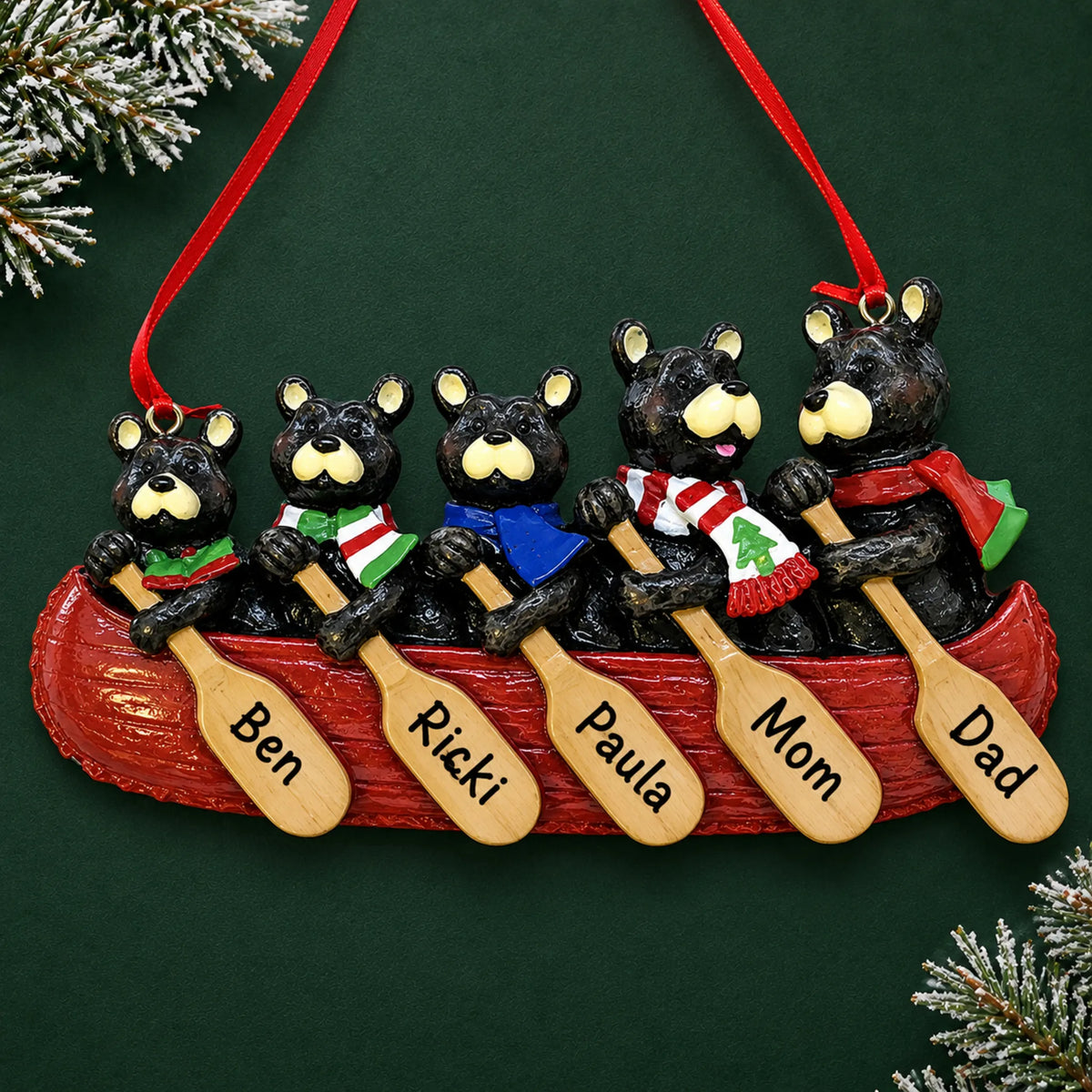 Personalized bear canoe family of 5 christmas ornament on a dark green pine background