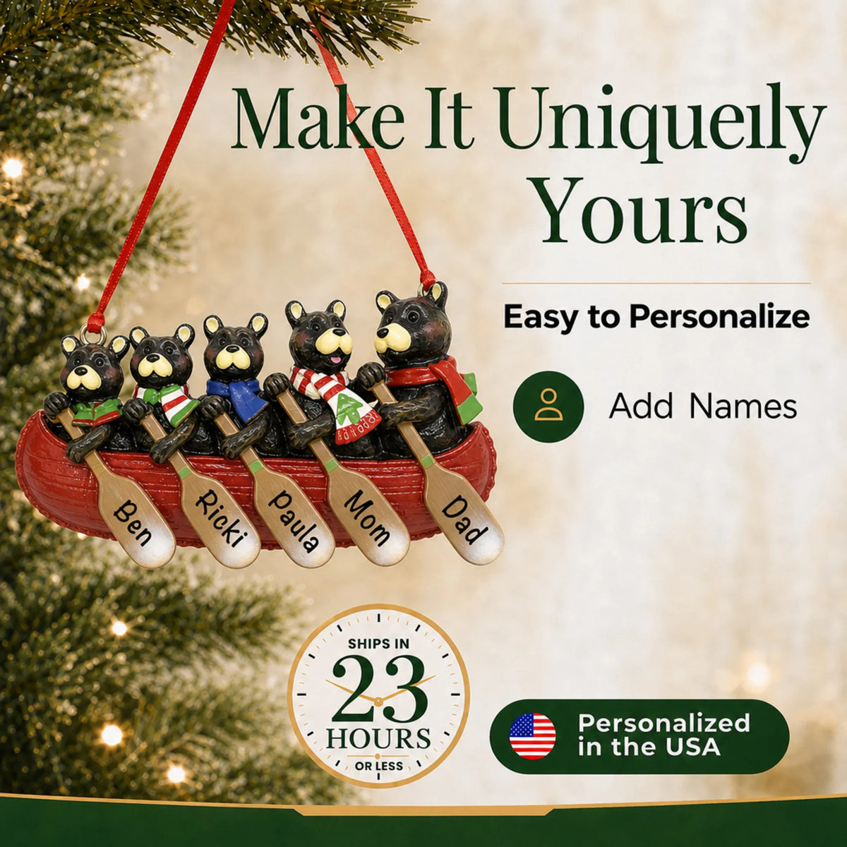 Make it yours: add names and year to the personalized bear canoe family of 5 christmas ornament
