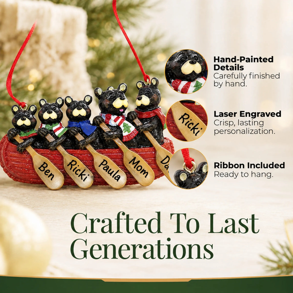 Hand-painted details and laser engraved personalization on the bear canoe family of 5 christmas ornament, ribbon included