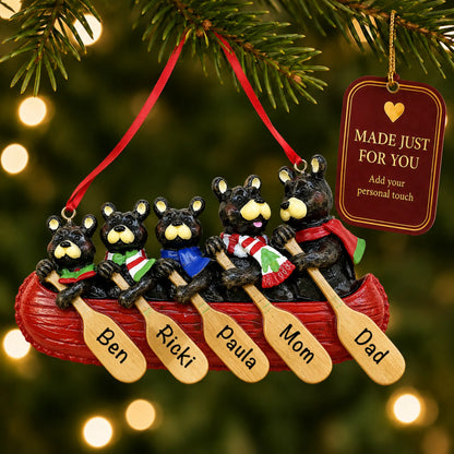 Bear canoe family of 5 christmas ornament hanging on a lit Christmas tree with a Made Just For You gift tag
