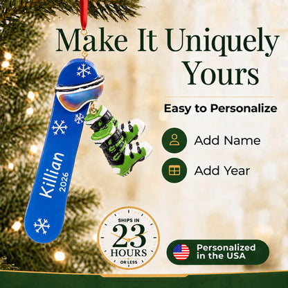 Make it yours: add name and year to the personalized snowboard with boots christmas ornament