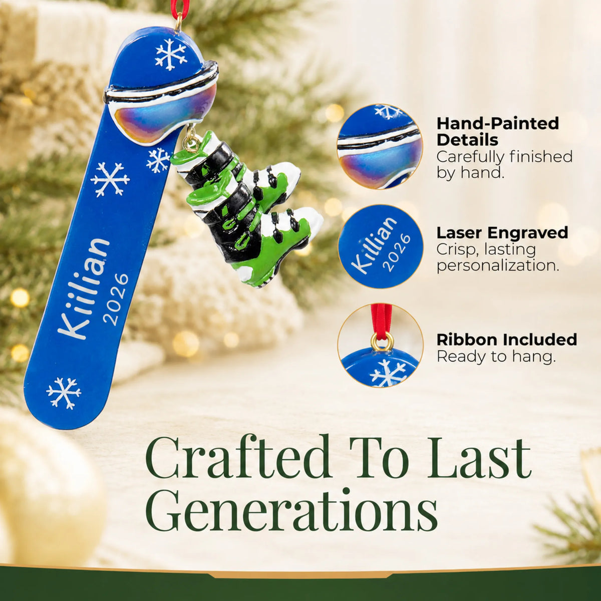 Hand-painted details and laser engraved personalization on the snowboard with boots christmas ornament, ribbon included