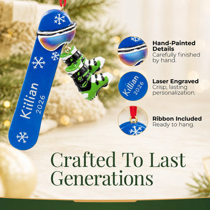 Hand-painted details and laser engraved personalization on the snowboard with boots christmas ornament, ribbon included