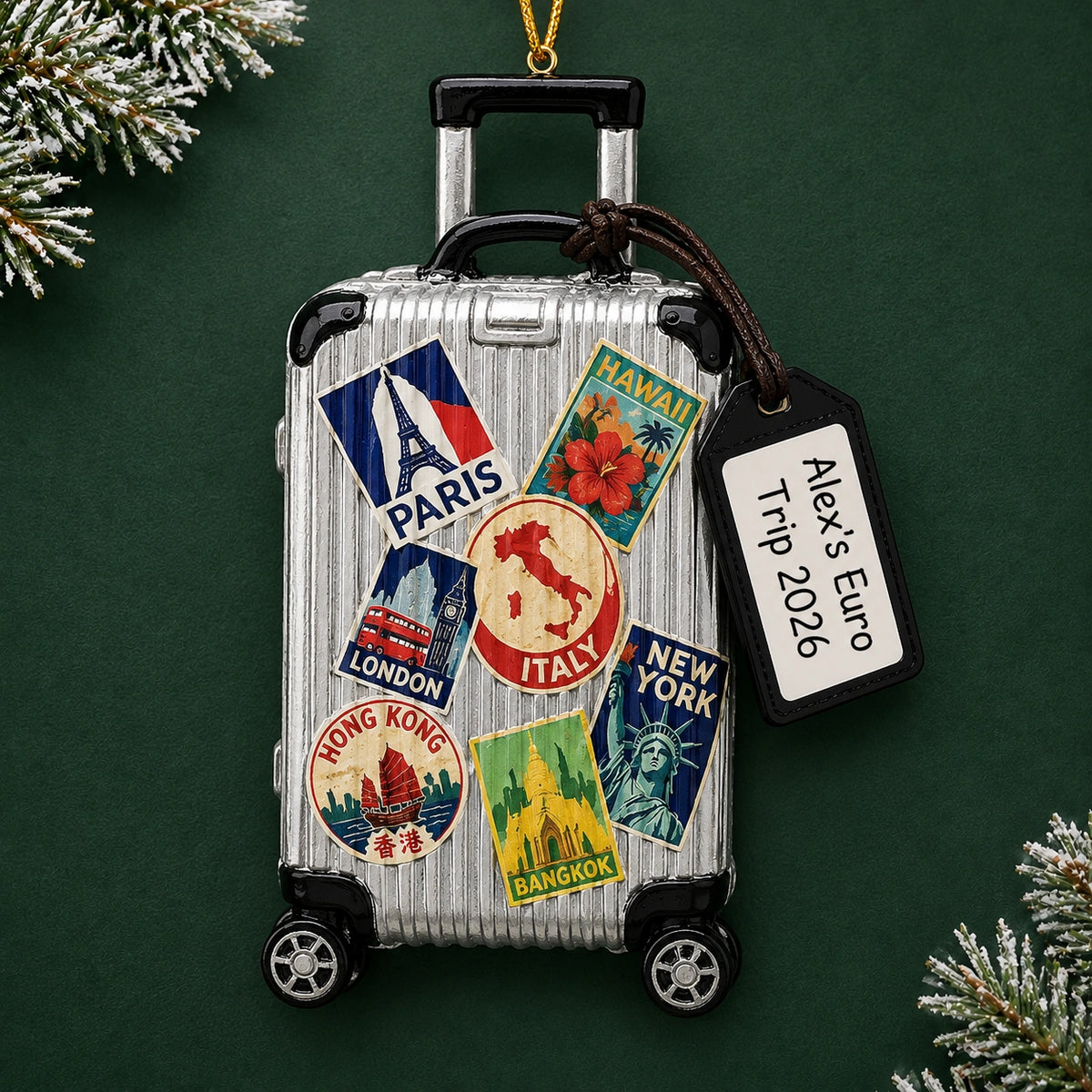 Personalized travel suitcase Christmas ornament reading Alex's Euro Trip 2026, shown on a dark green background with pine
