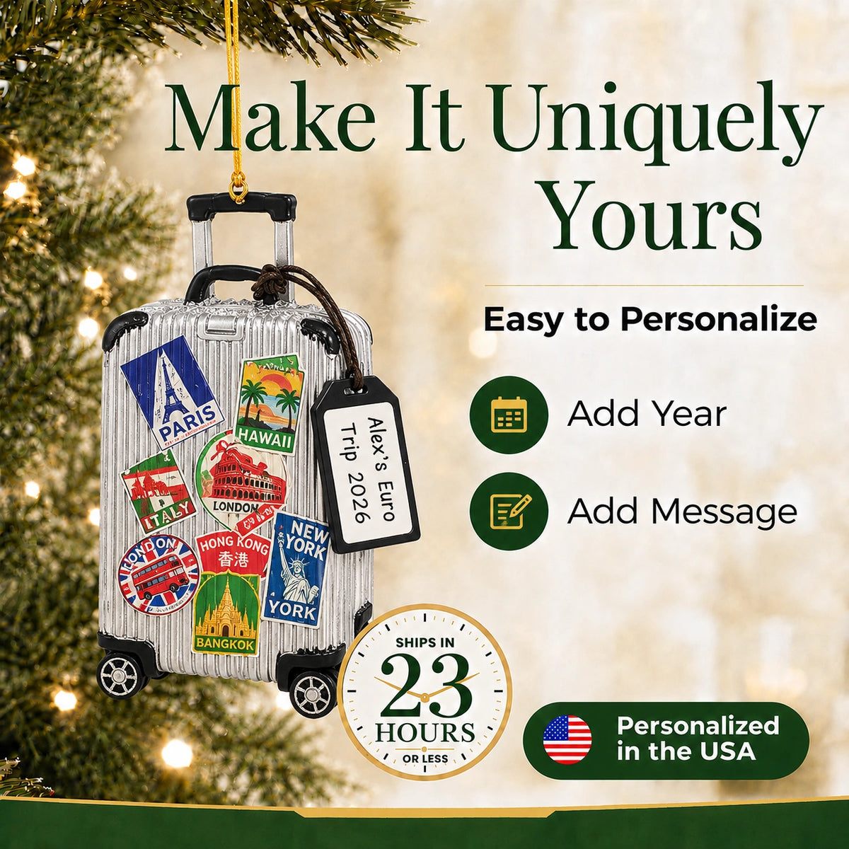 Personalized travel suitcase Christmas ornament: add a year and message, ships in 23 hours, personalized in the USA
