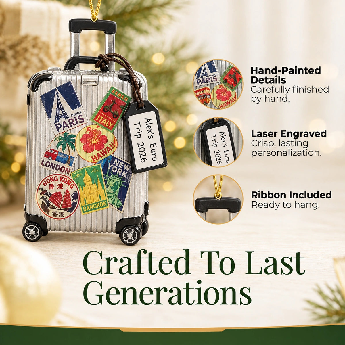Personalized travel suitcase Christmas ornament details: hand-painted finish, laser engraving, ribbon included