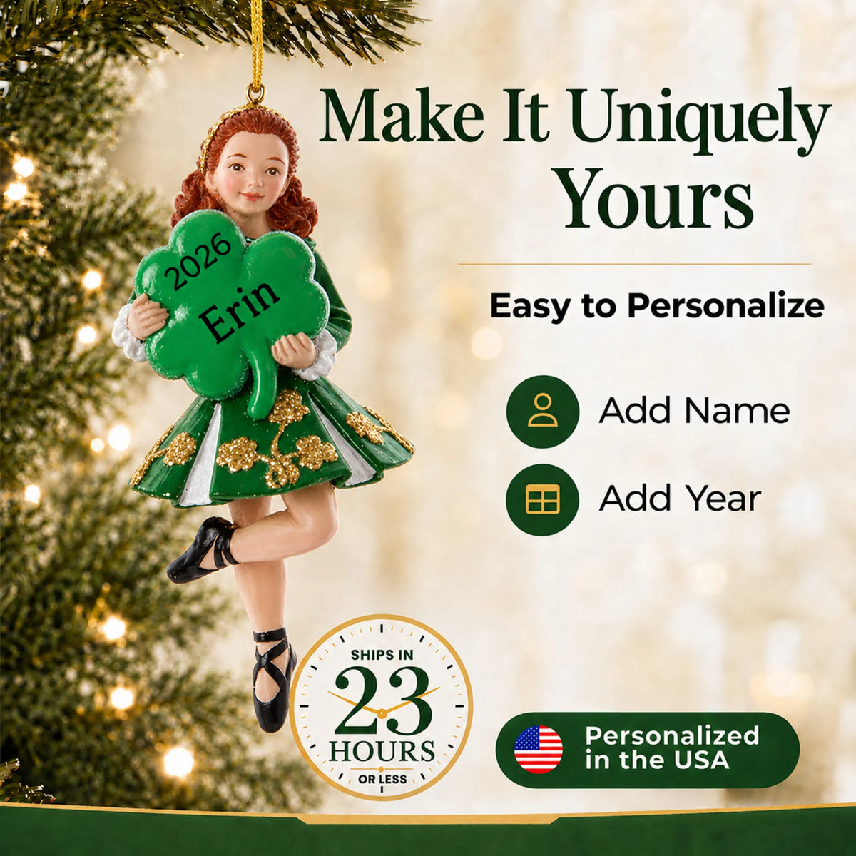 Make it yours: add name and year to the personalized irish dancer holding shamrock christmas ornament