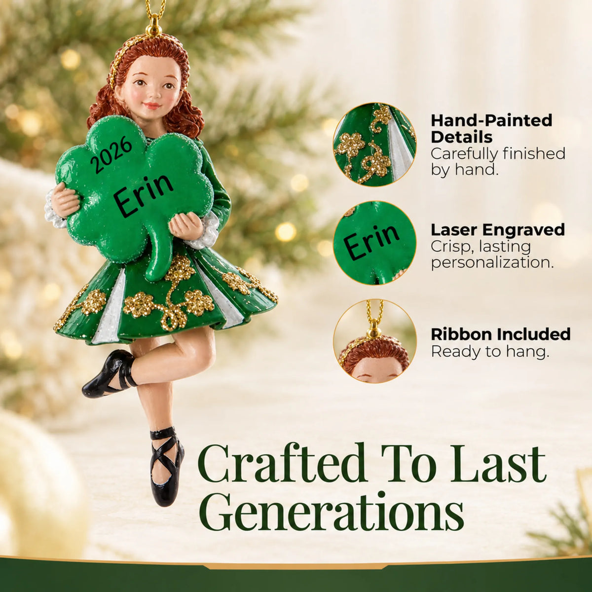Hand-painted, laser engraved irish dancer holding shamrock christmas ornament, ribbon included